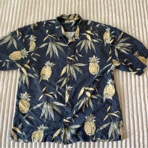 Tommy Bahama Blue and Yellow Leaf Print Shirt XL